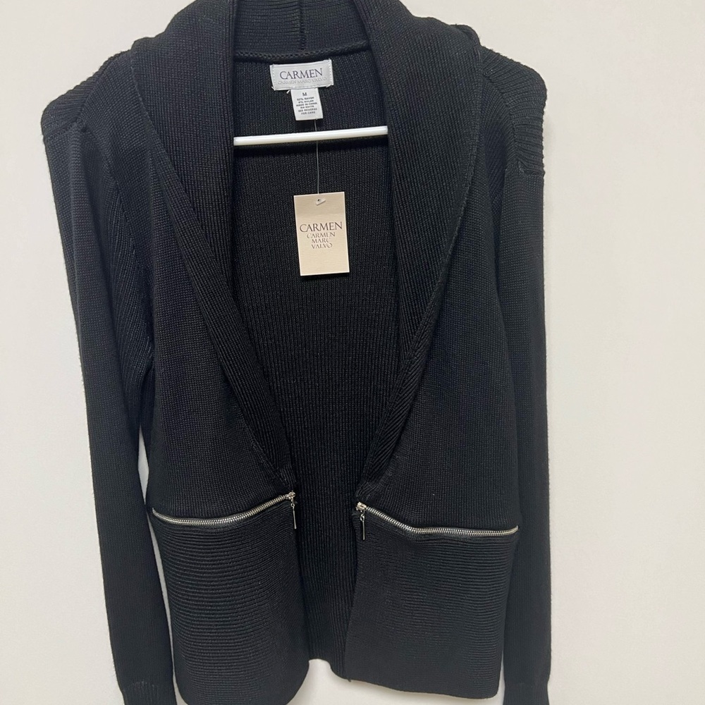 CARMEN MARC VALVO BLACK KNIT OPEN CARDIGAN. SIZE M. BLACK